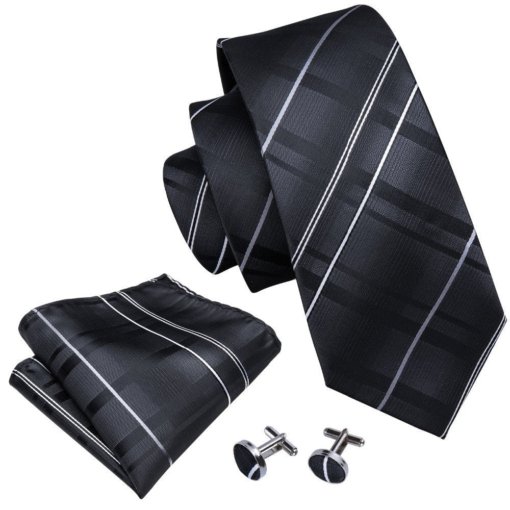 Black Striped Silk Tie Set - GentCrest - View 2