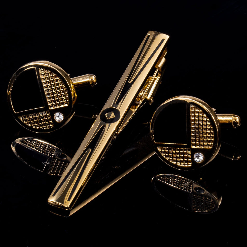 GentCrest Black Rhinestone Tie Clip Cufflinks Set - Image 1