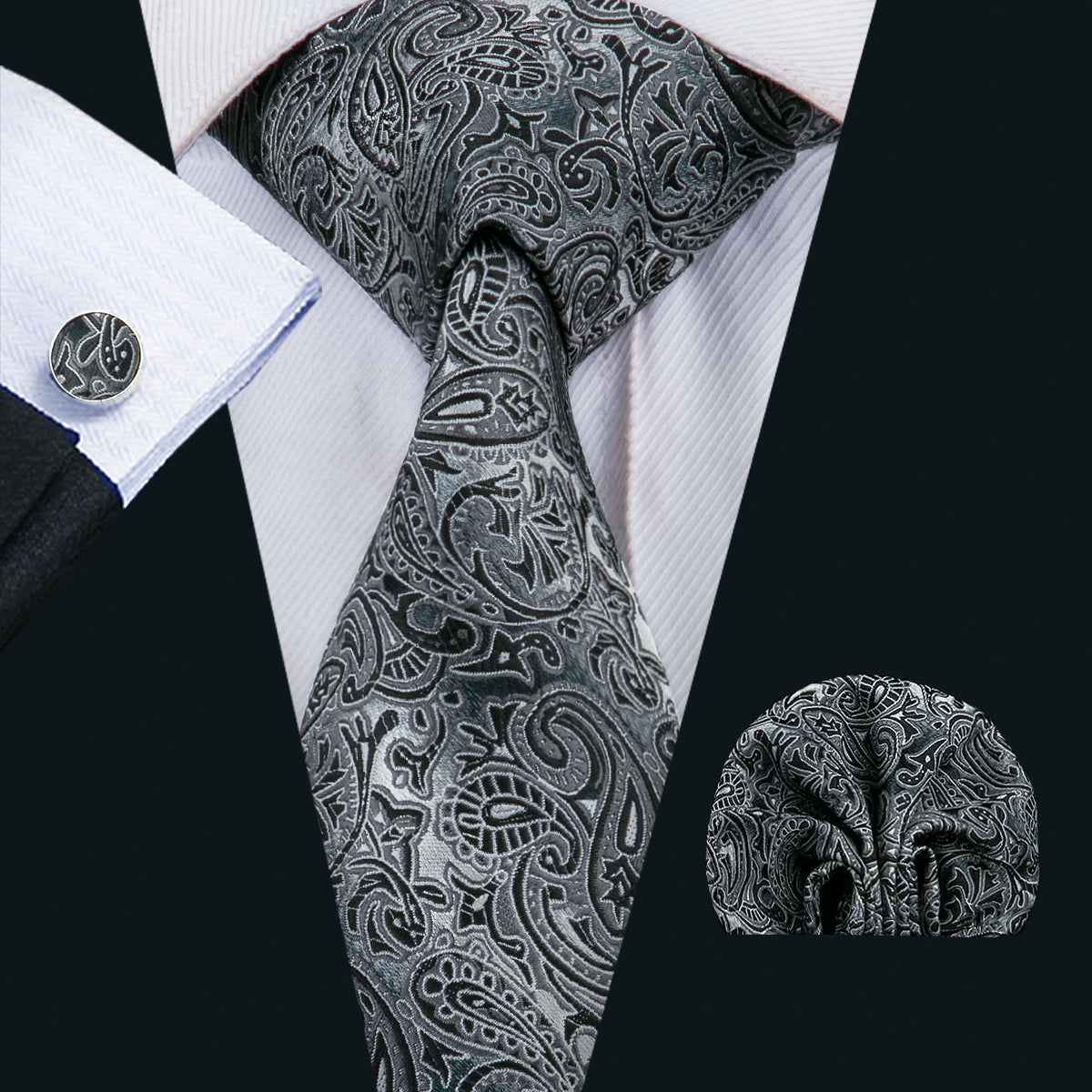 GentCrest Black Paisley Tie Hanky Cufflinks Set - Image 1