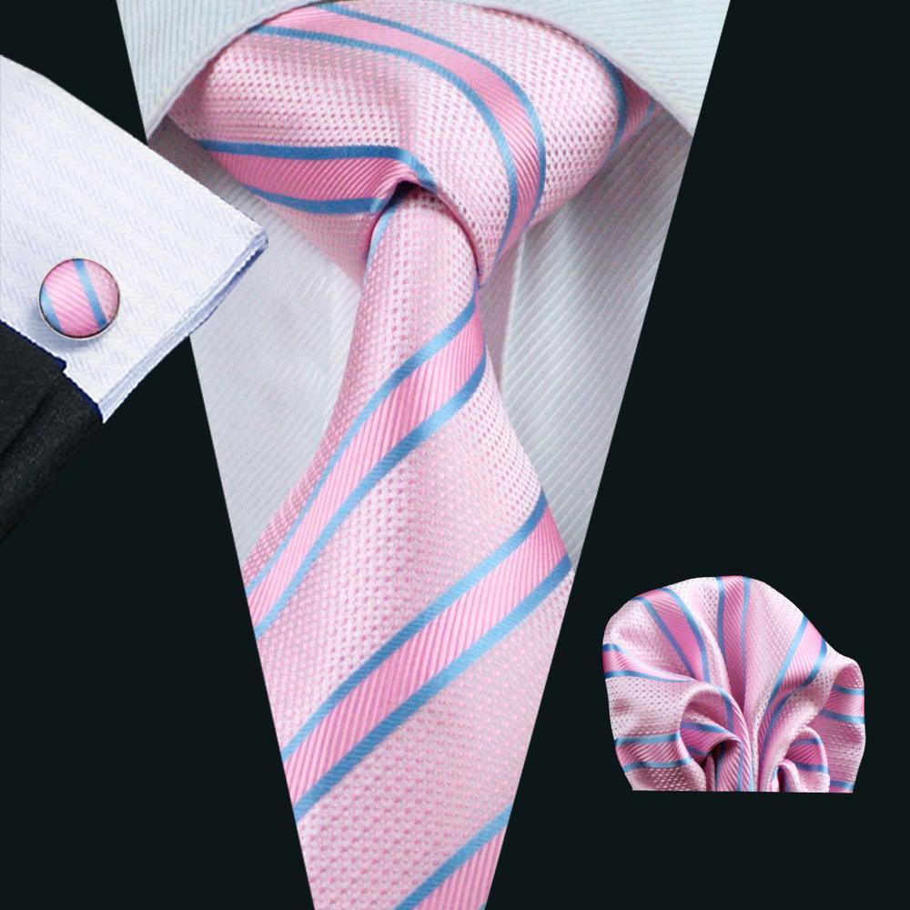 Pink Solid Blue Striped Silk Tie Set - GentCrest