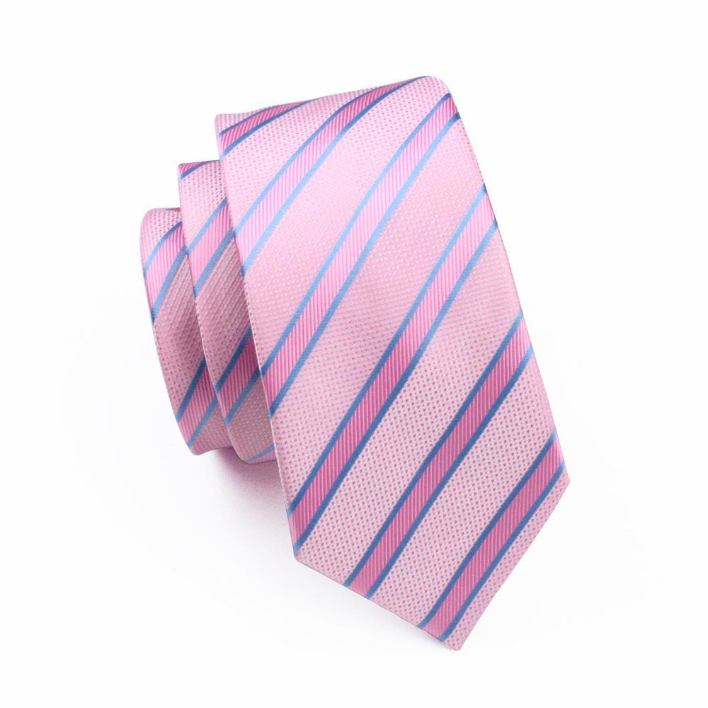 Pink Solid Blue Striped Silk Tie Set - GentCrest - View 6