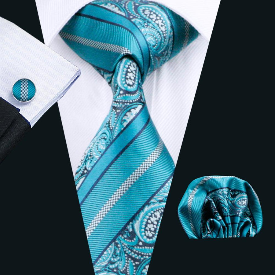 Cyan Paisley Silk XL Silk Tie Set - GentCrest