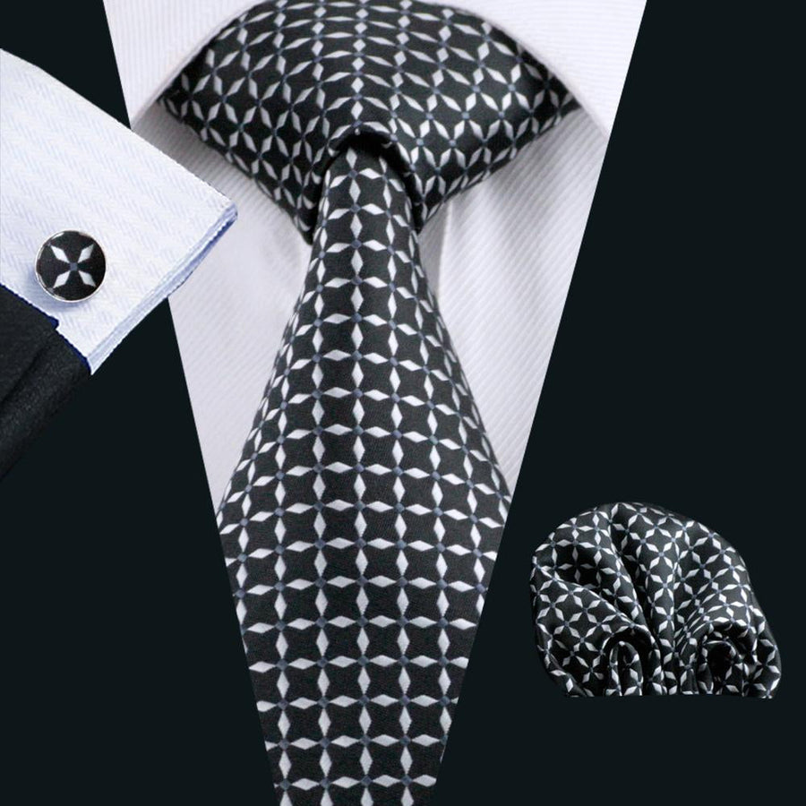 Black and White Plaid Silk XL Silk Tie Set - GentCrest