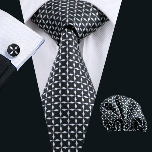Black and White Plaid Silk XL Silk Tie Set - GentCrest