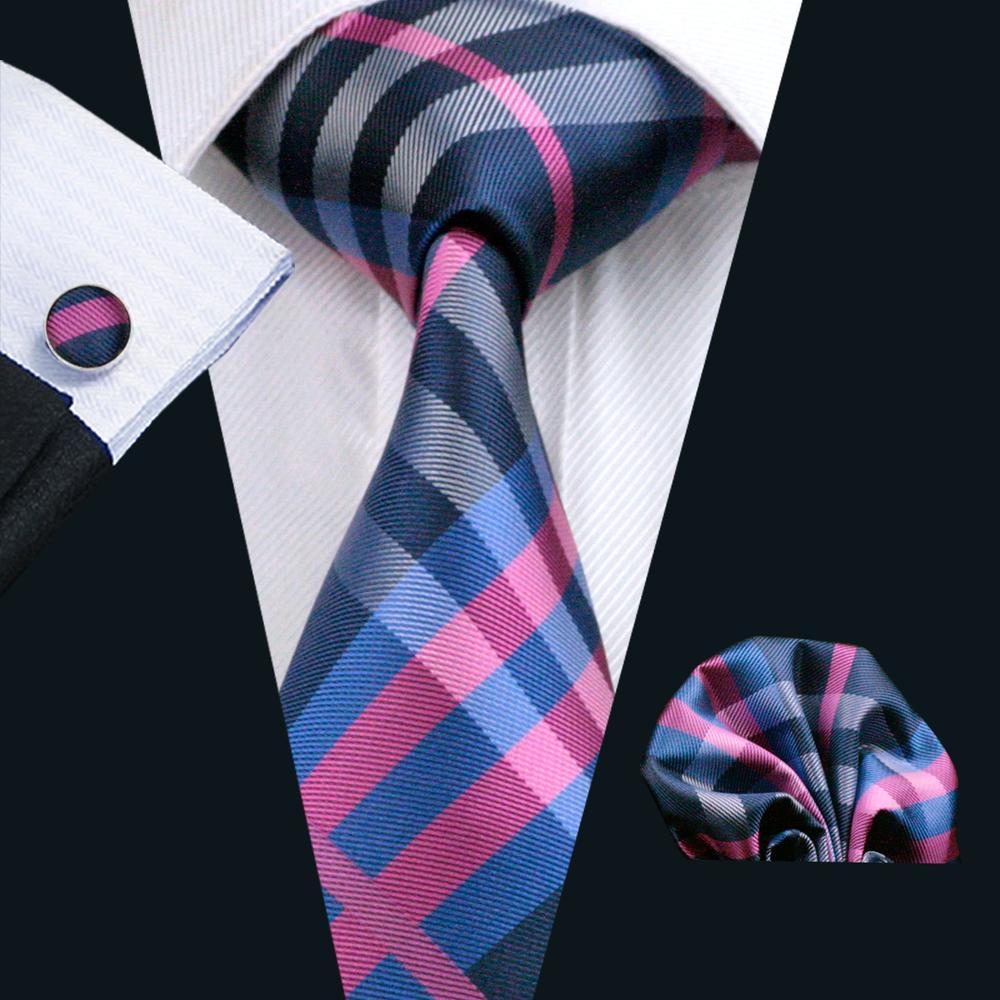 Classic Deep Blue Pink Plaid Silk Tie Set - GentCrest
