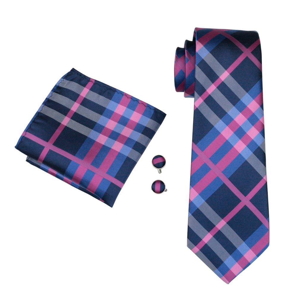 Classic Deep Blue Pink Plaid Silk Tie Set - GentCrest - View 3