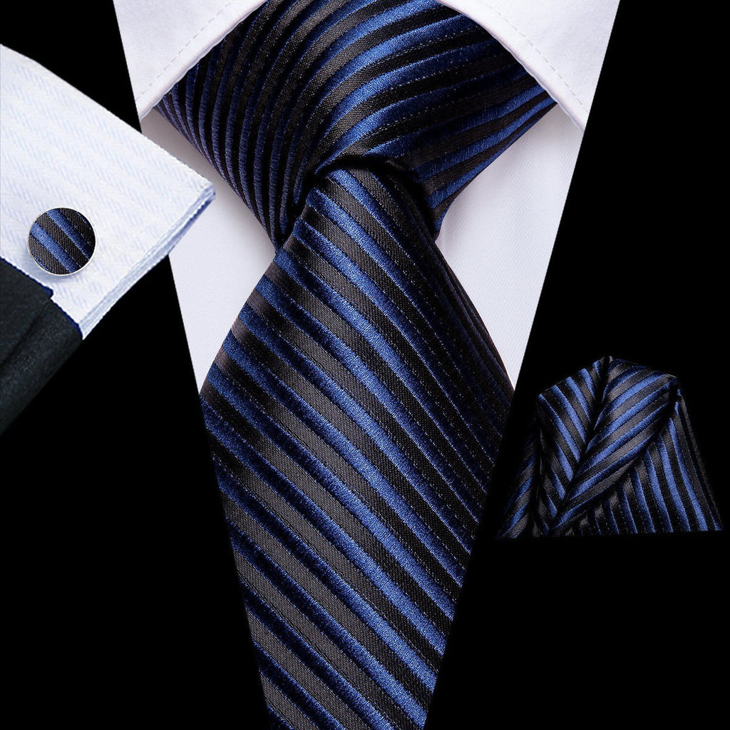 Black & Royal Blue Striped Silk Tie Set - GentCrest