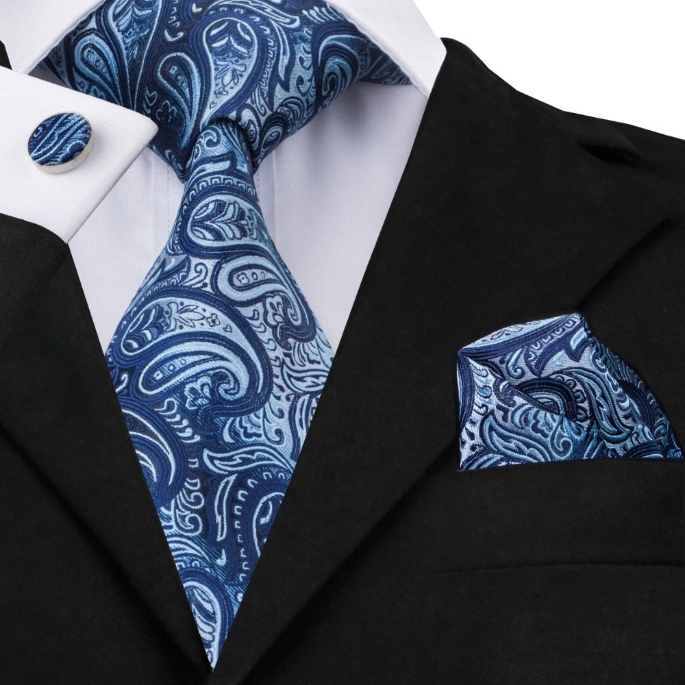Blue Paisley Silk Tie Set with Pocket Square & Cufflinks - GentCrest