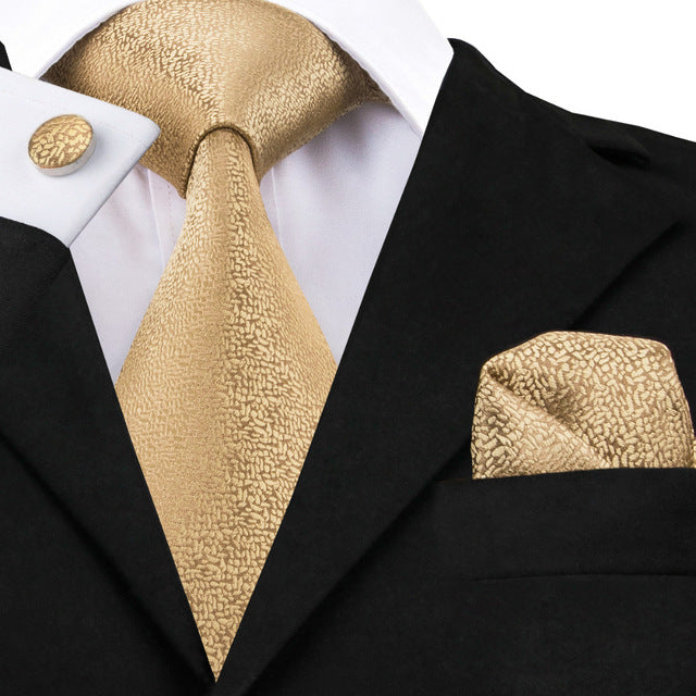 Gold Silk Tie Set with Pocket Square & Cufflinks - GentCrest - View 5