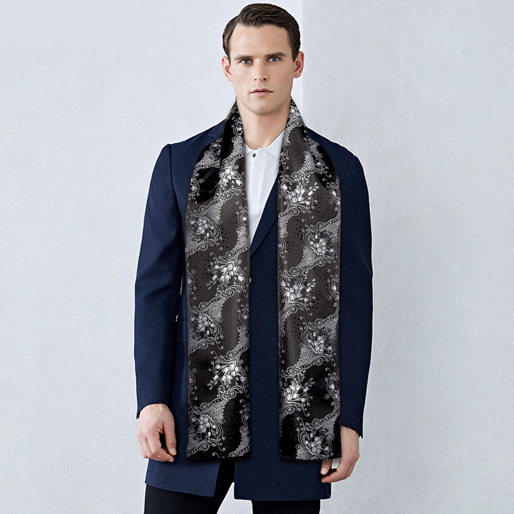 Luxury Black Silver Floral Silk Scarf - GentCrest - View 2