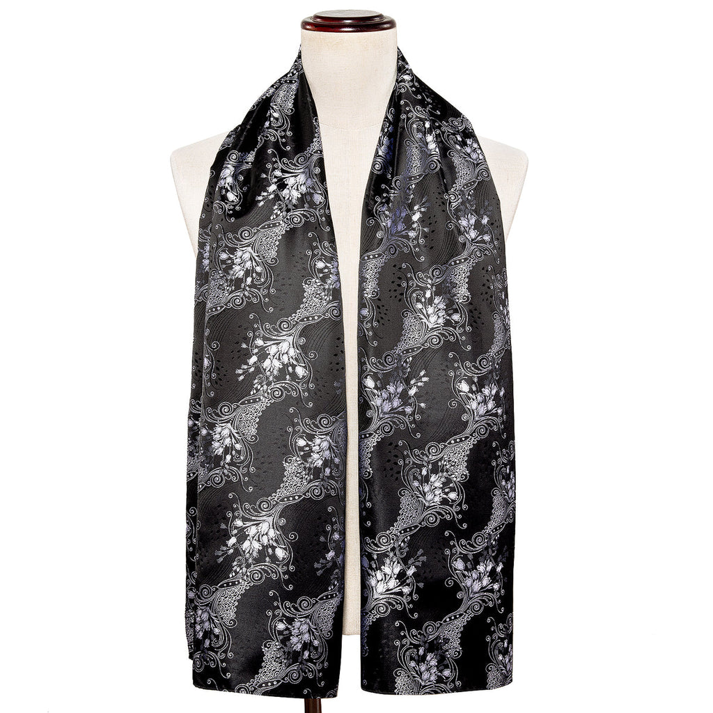 Luxury Black Silver Floral Silk Scarf - GentCrest - View 4