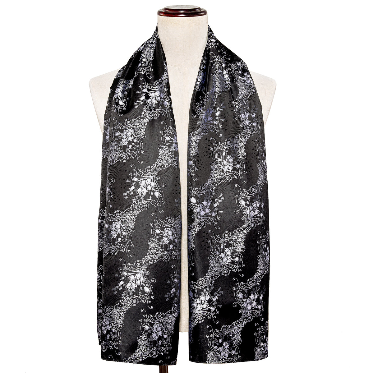 Luxury Black Silver Floral Silk Scarf - GentCrest - View 4
