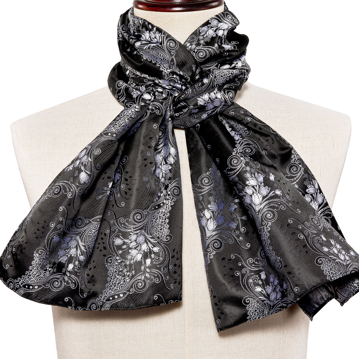 Luxury Black Silver Floral Silk Scarf - GentCrest