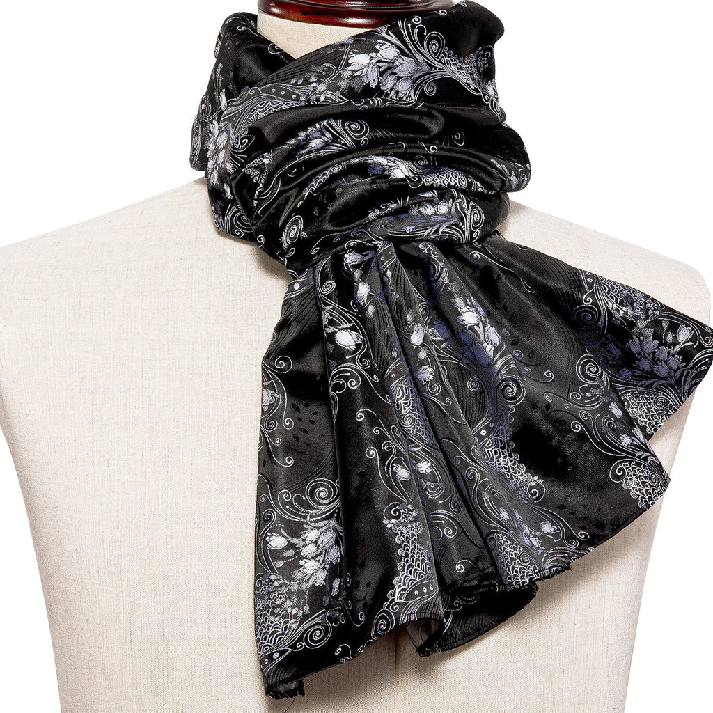 Luxury Black Silver Floral Silk Scarf - GentCrest - View 3