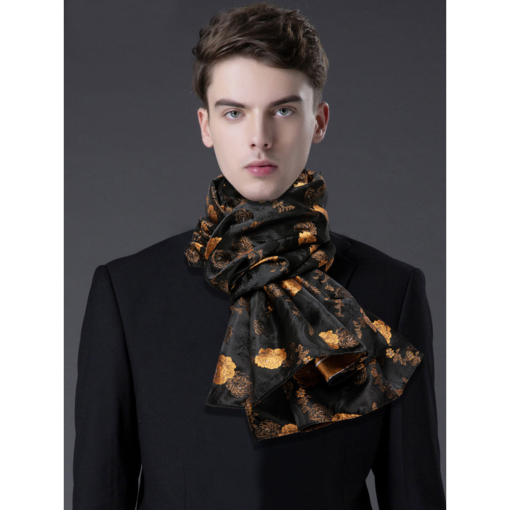 Luxury Black Yellow Floral Silk Scarf - GentCrest - View 2