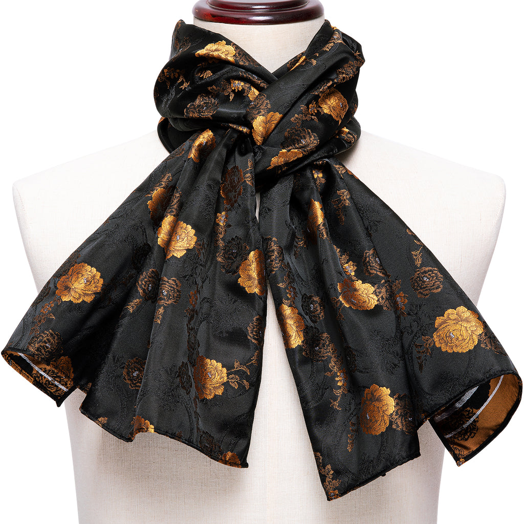 Luxury Black Yellow Floral Silk Scarf - GentCrest - View 5