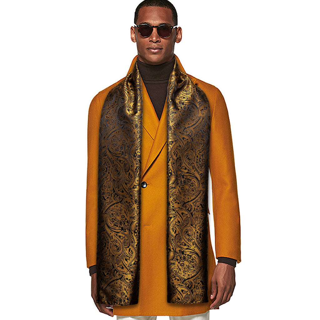 Gold Black Shining Floral Silk Scarf - GentCrest