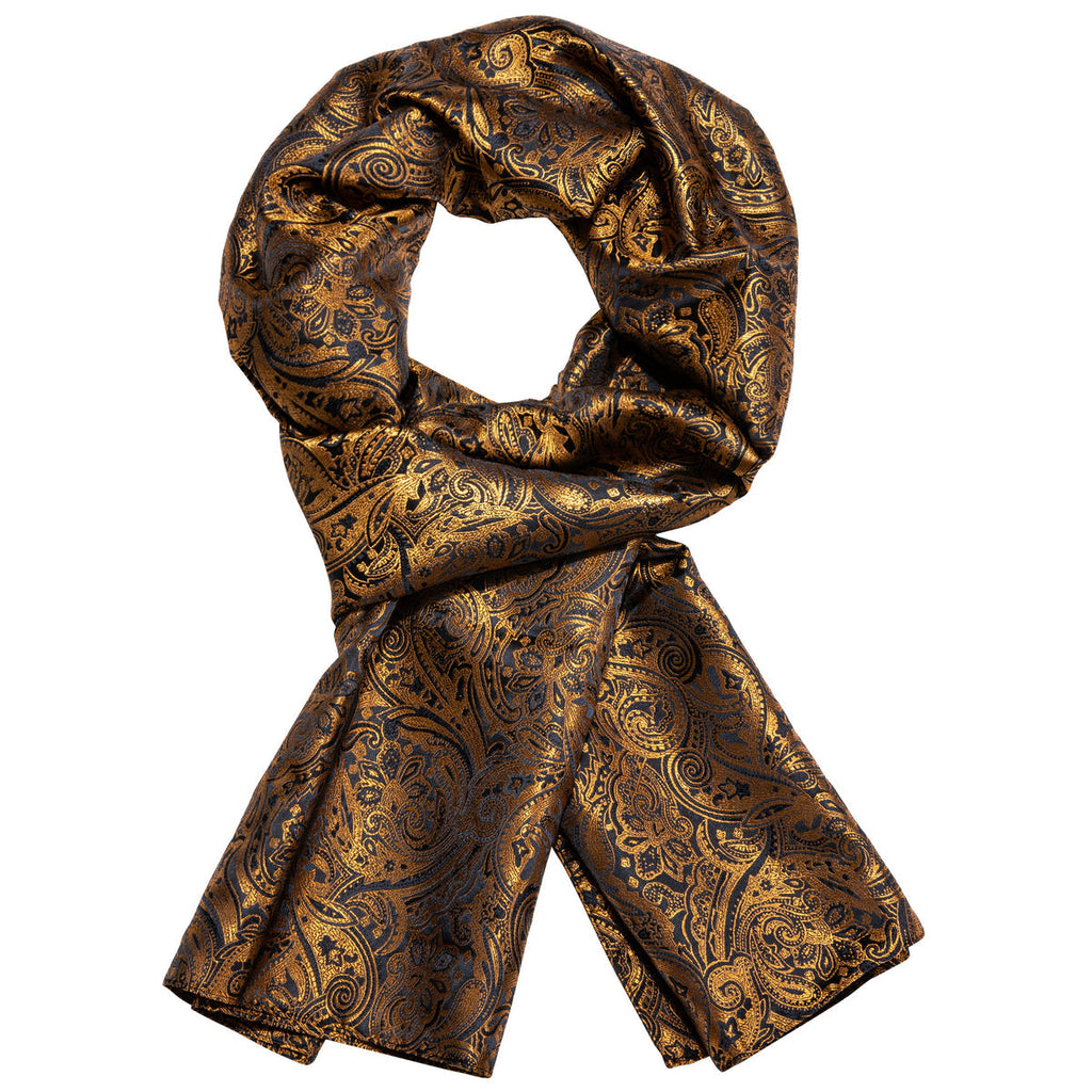 Gold Black Shining Floral Silk Scarf - GentCrest - View 2