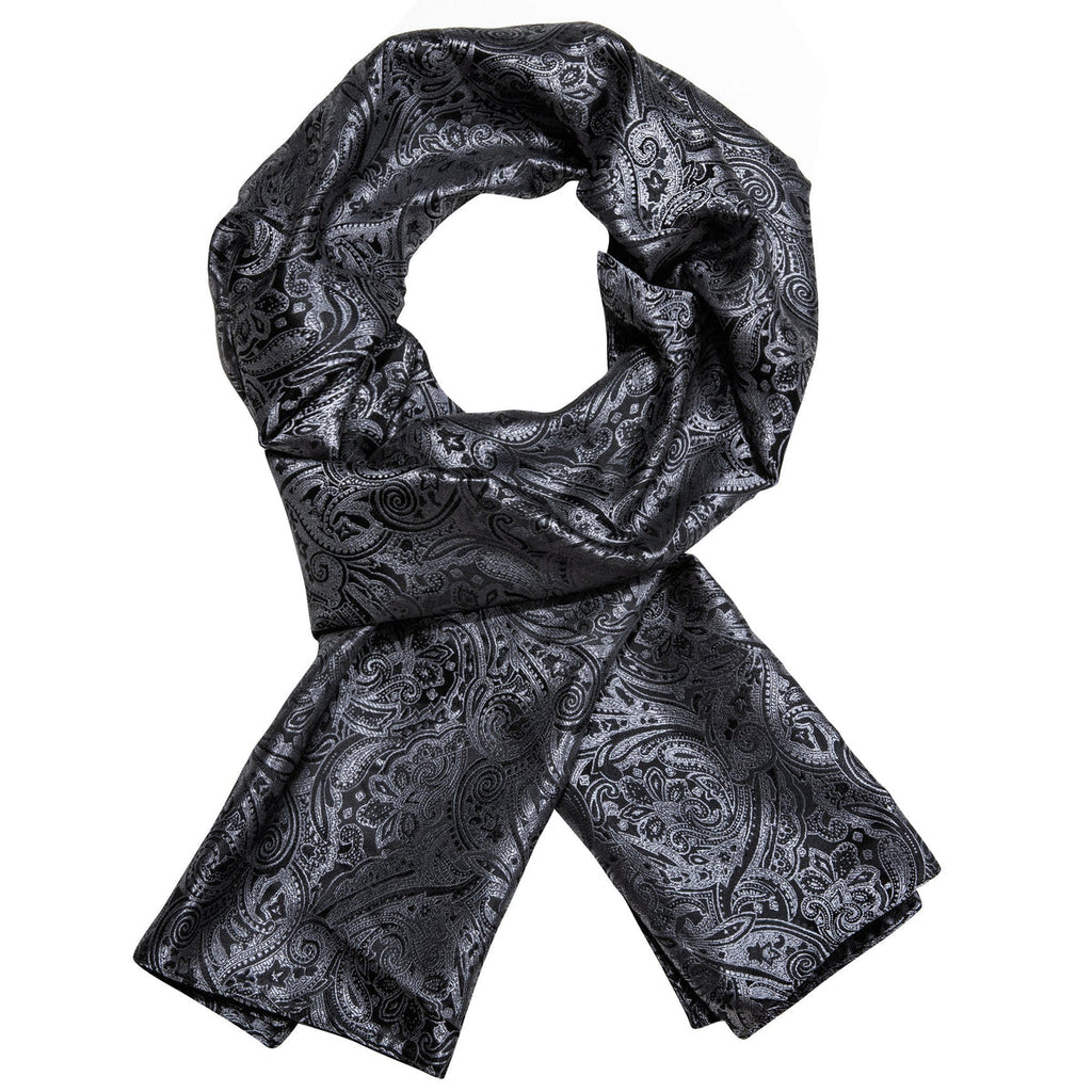 Luxury Black Silver Floral Silk Scarf - GentCrest - View 3