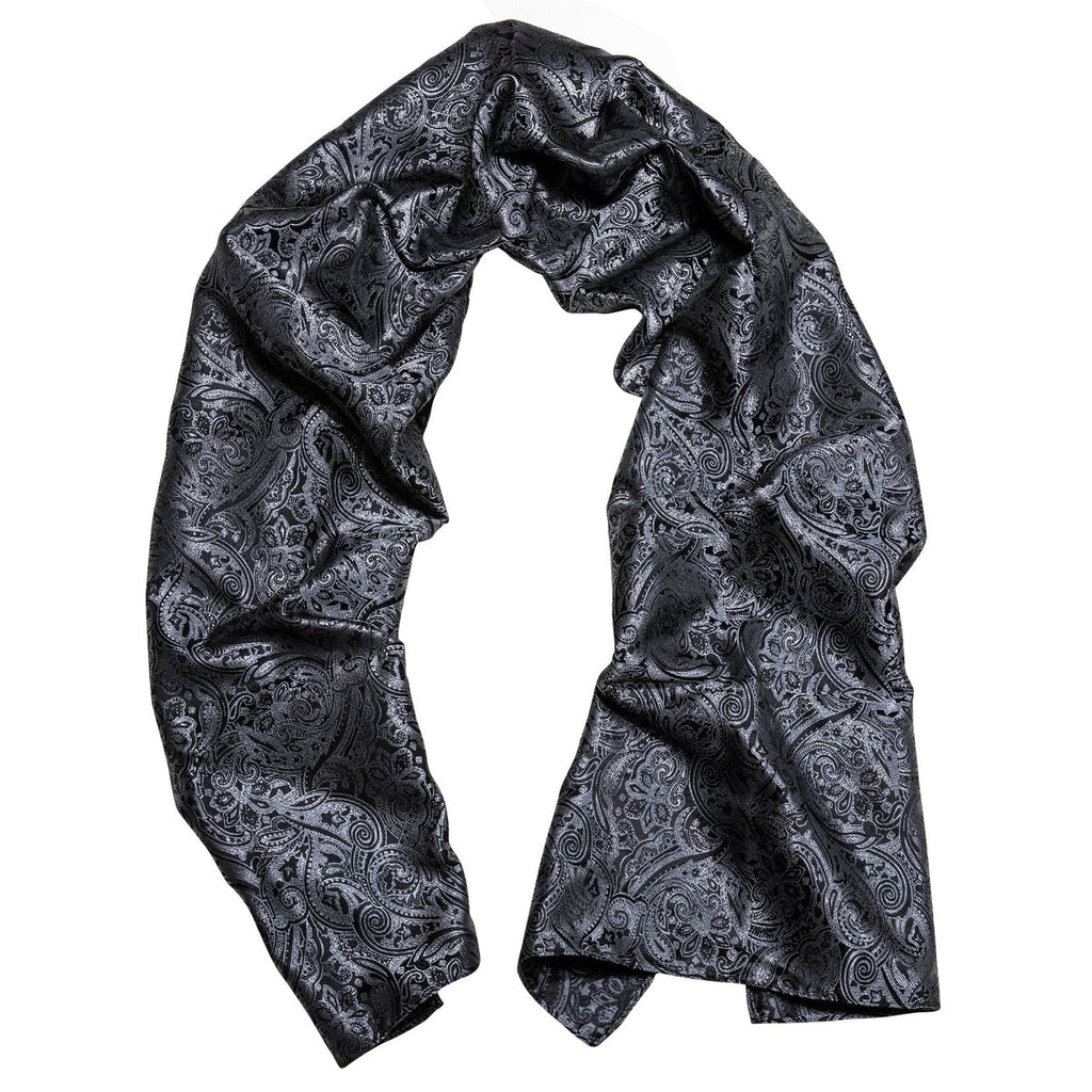 Luxury Black Silver Floral Silk Scarf - GentCrest - View 4