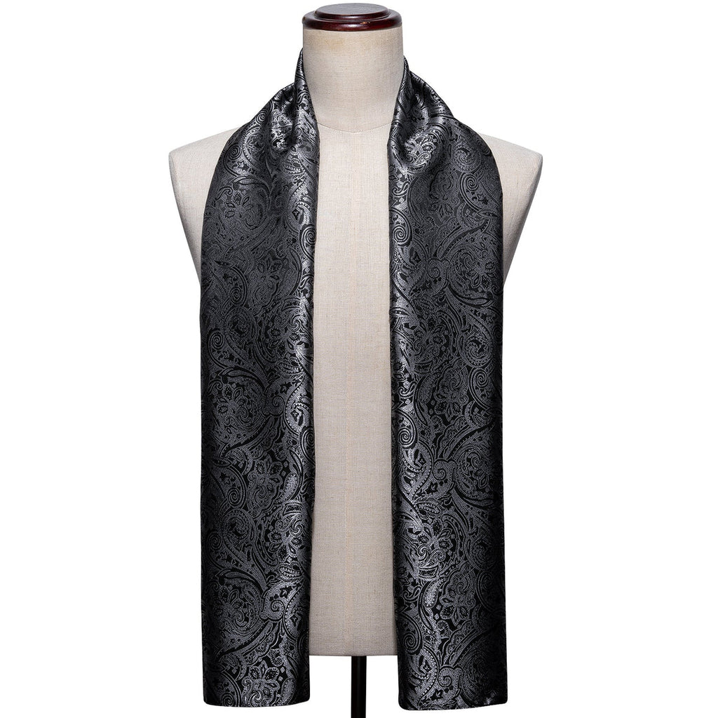 Luxury Black Silver Floral Silk Scarf - GentCrest - View 5