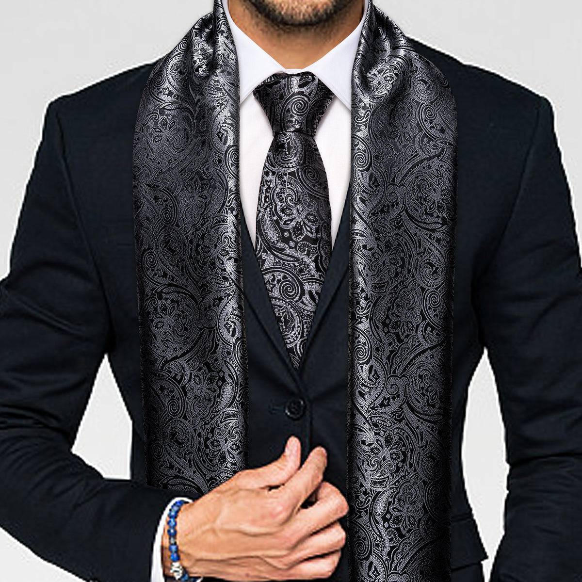 Luxury Black Silver Floral Silk Scarf - GentCrest