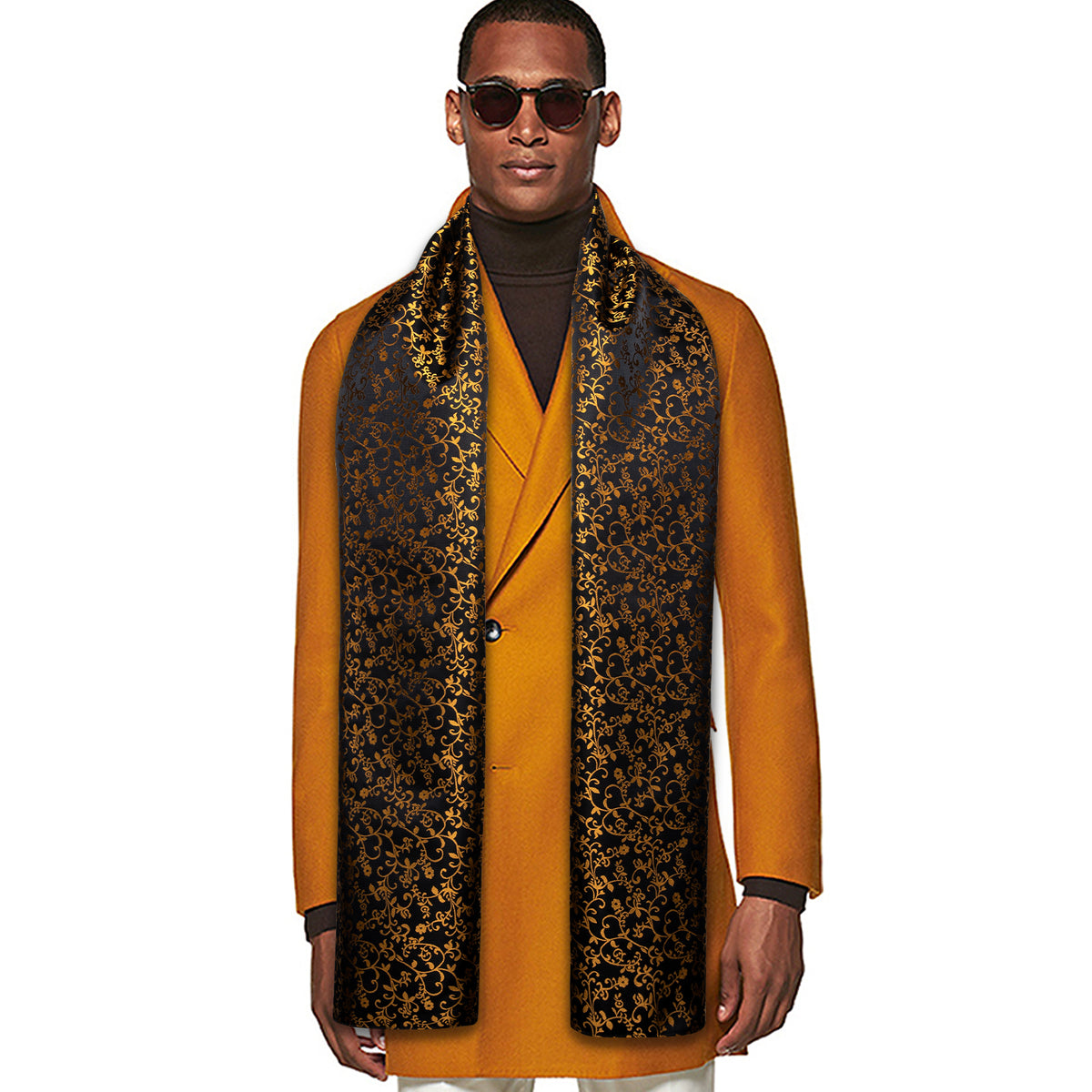 Luxury Black Gold Floral Silk Scarf - GentCrest