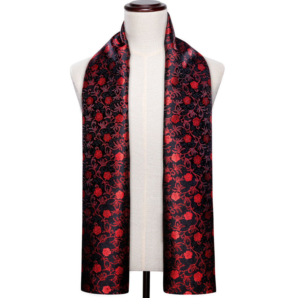 Luxury Black Red Flower Silk Scarf - GentCrest - View 3