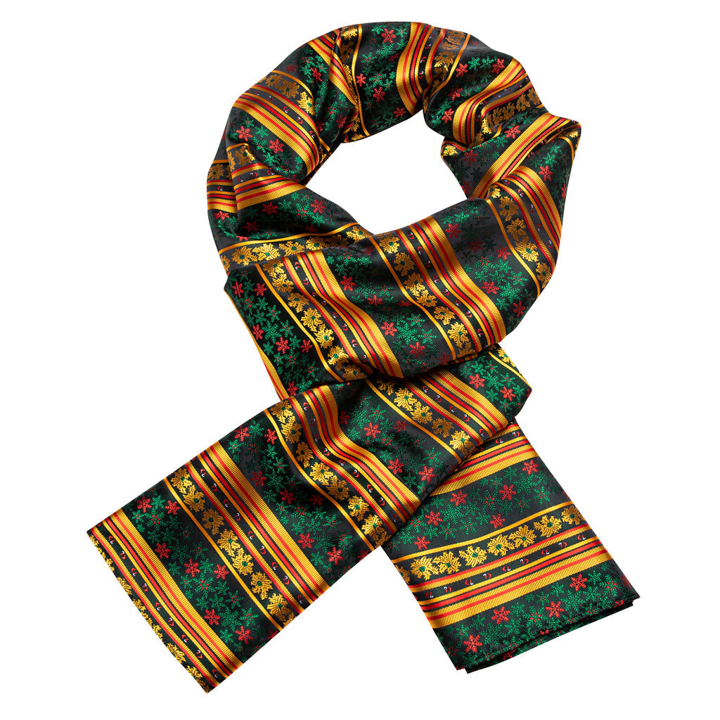 Gold Green Christmas Winter Snowflake Pattern Silk Scarf - GentCrest - View 3