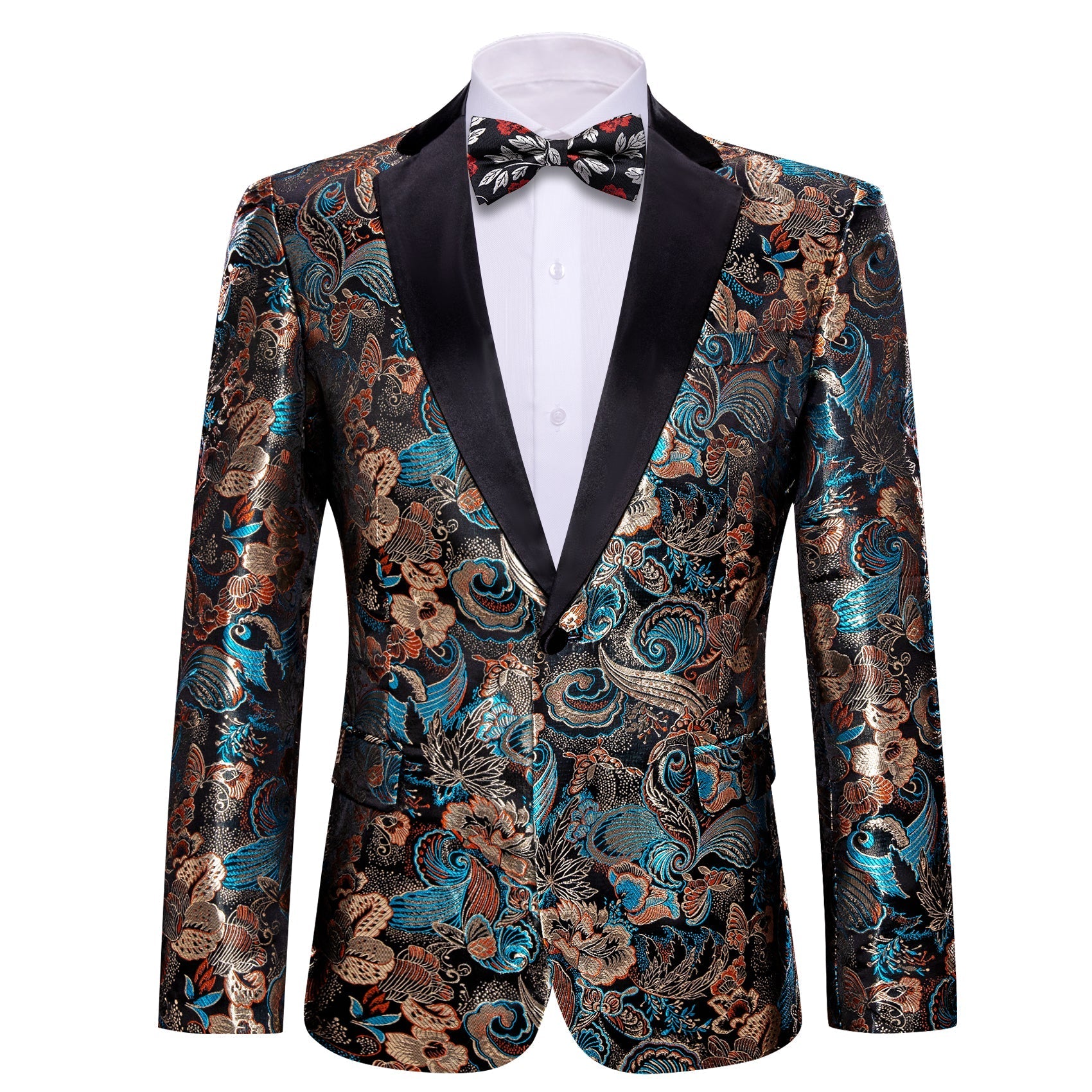 Floral Blue and Gold Tuxedo Jacket - GentCrest