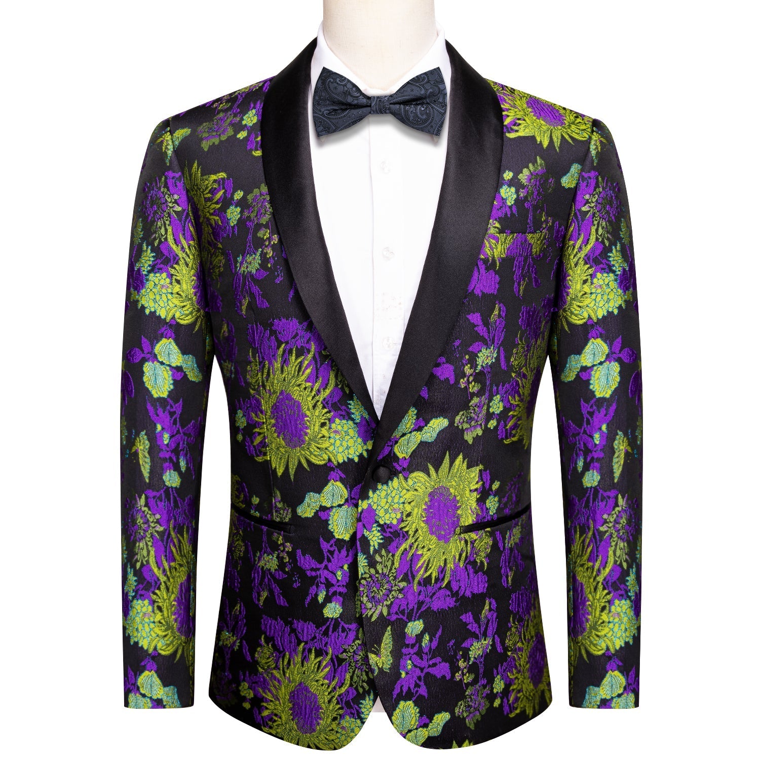 Floral Black, Green & Purple Tuxedo Jacket - GentCrest