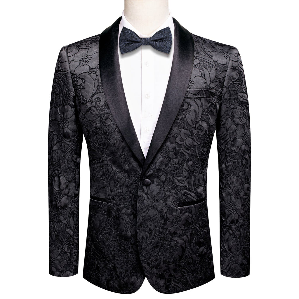 Black Embroidered Floral Tuxedo Jacket - GentCrest
