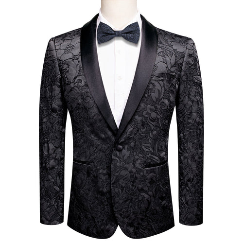 Black Embroidered Floral Tuxedo Jacket - GentCrest