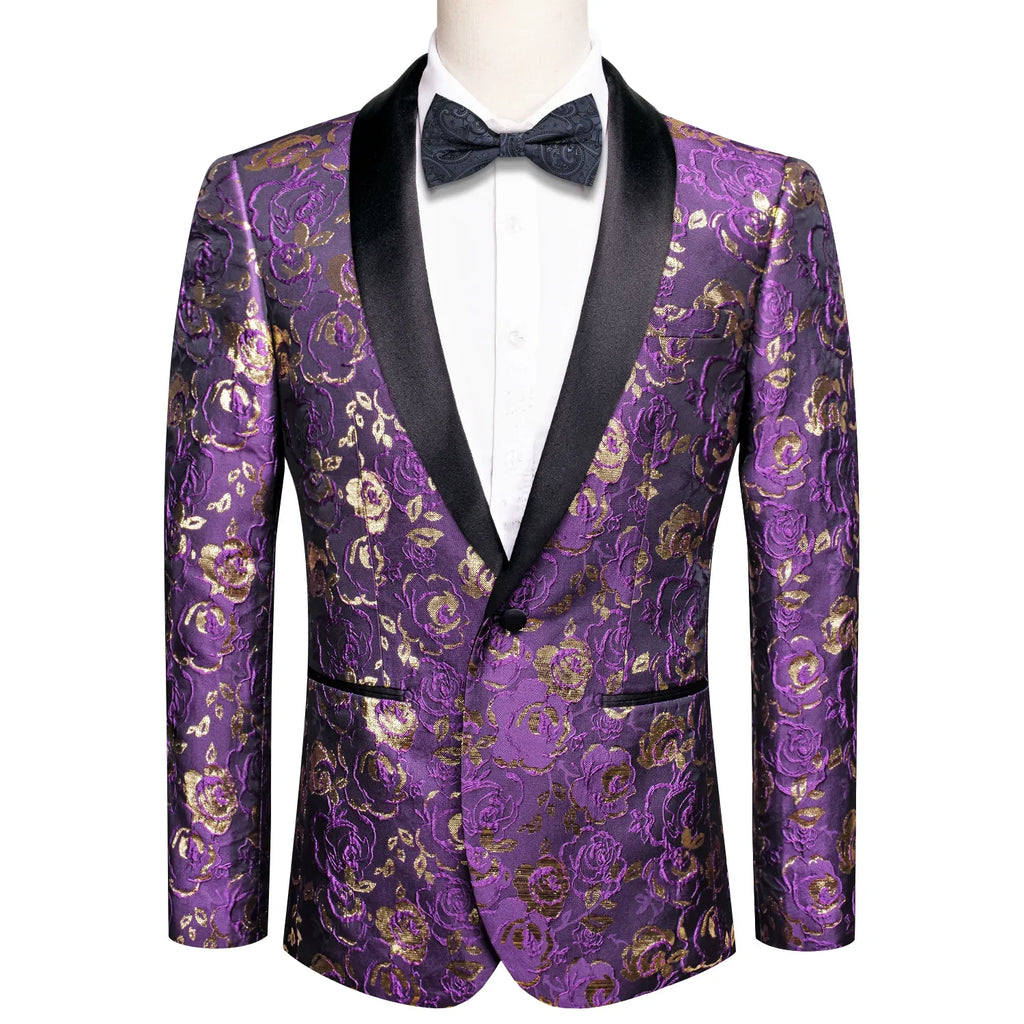 Purple Embroidered Floral Tuxedo Jacket - GentCrest