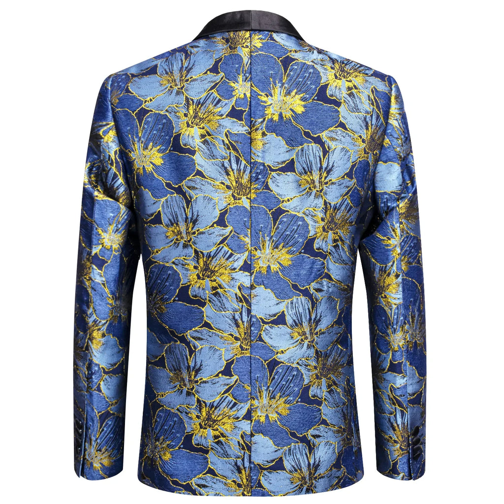 Blue and Yellow Embroidered Floral Tuxedo Jacket - GentCrest - View 6