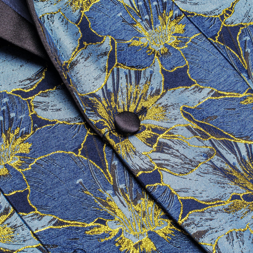 Blue and Yellow Embroidered Floral Tuxedo Jacket - GentCrest - View 2