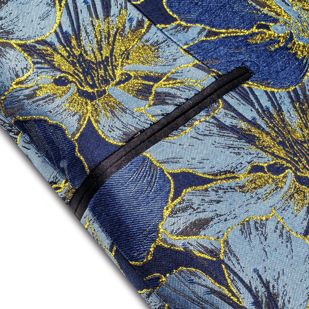 Blue and Yellow Embroidered Floral Tuxedo Jacket - GentCrest - View 3