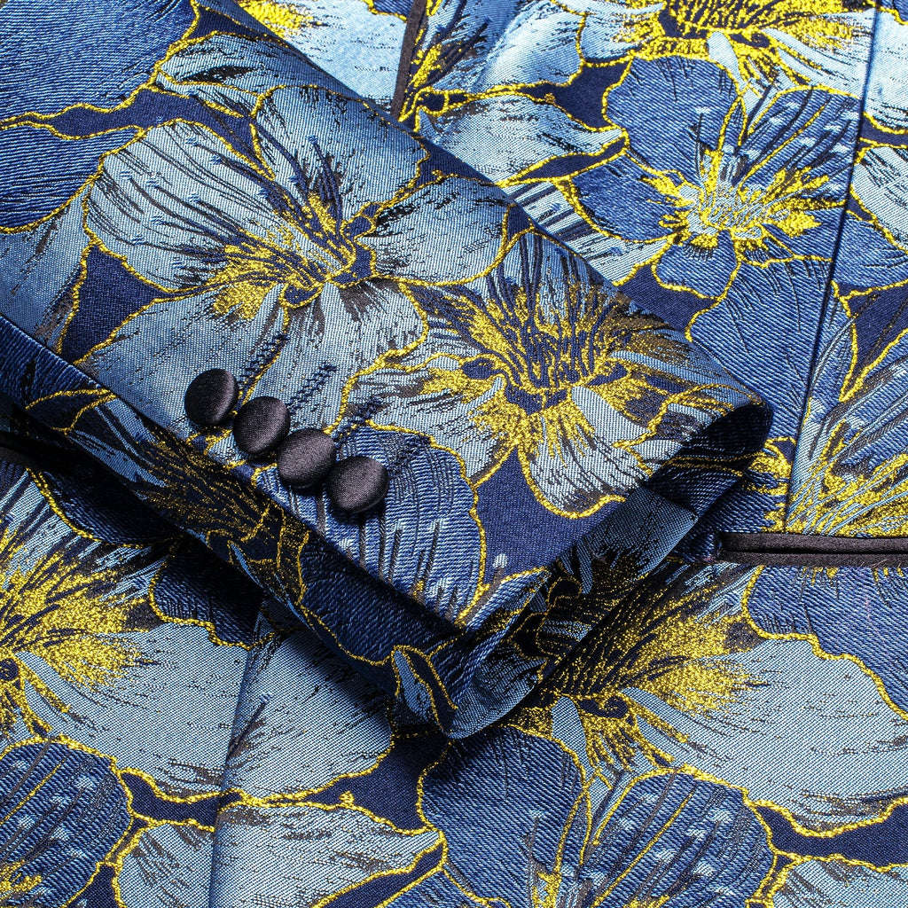 Blue and Yellow Embroidered Floral Tuxedo Jacket - GentCrest - View 4