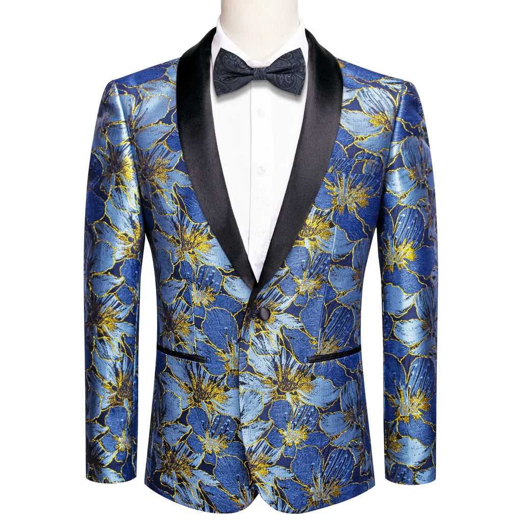 Blue and Yellow Embroidered Floral Tuxedo Jacket - GentCrest