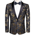 Golden Rose Elegance: Black Floral Jacquard Tuxedo Jacket - GentCrest