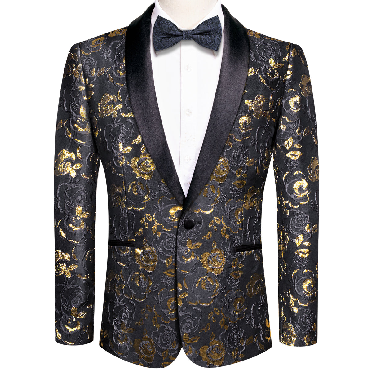 Golden Rose Elegance: Black Floral Jacquard Tuxedo Jacket - GentCrest