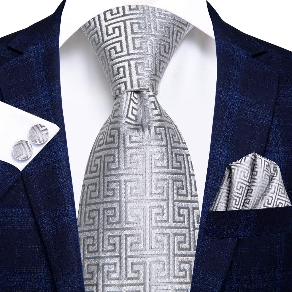 Silver Silk Tie Set with Pocket Square & Cufflinks - GentCrest - View 7