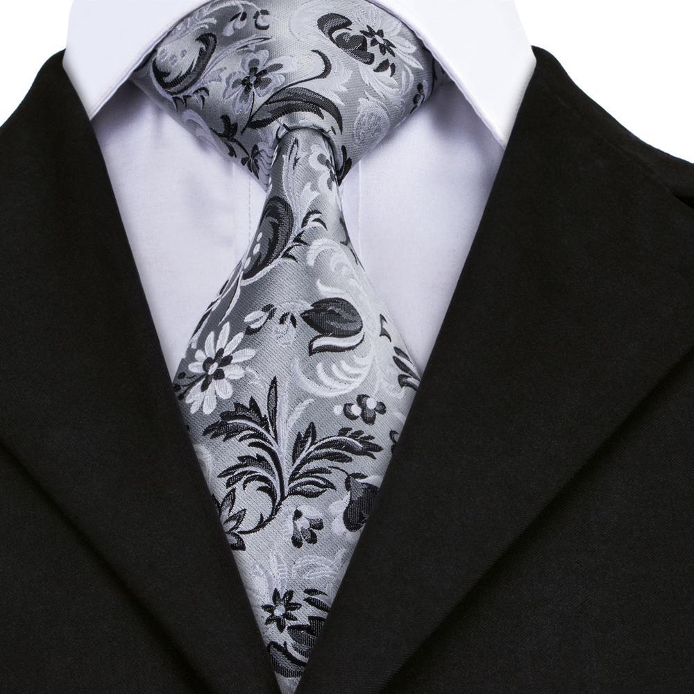 Gray Black Floral Silk Tie Set - GentCrest - View 2