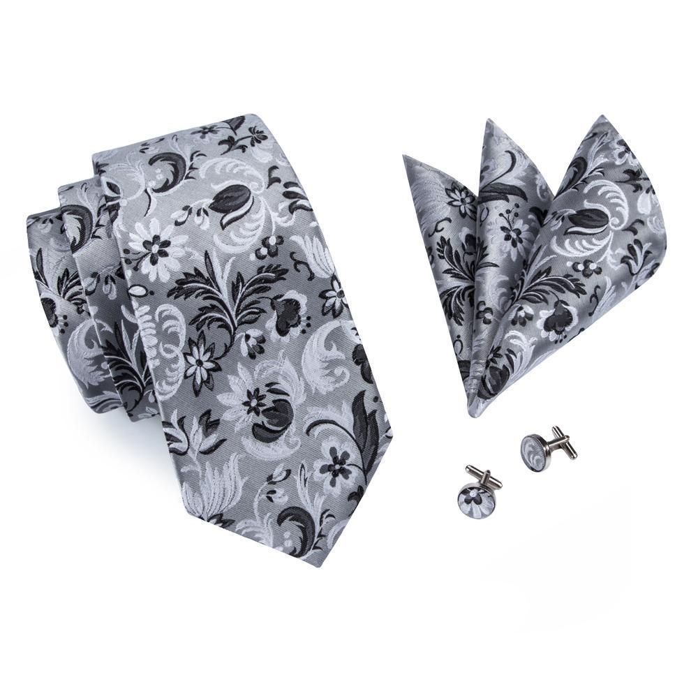 Gray Black Floral Silk Tie Set - GentCrest - View 3