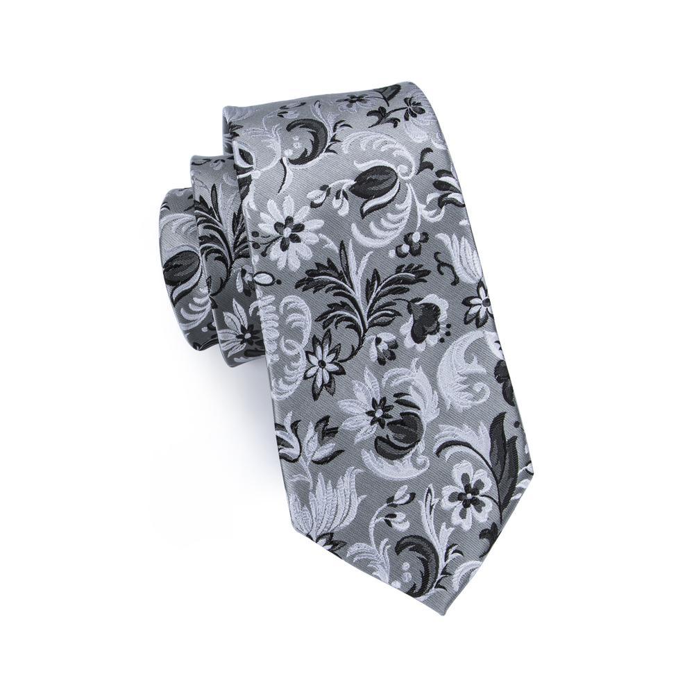 Gray Black Floral Silk Tie Set - GentCrest - View 4