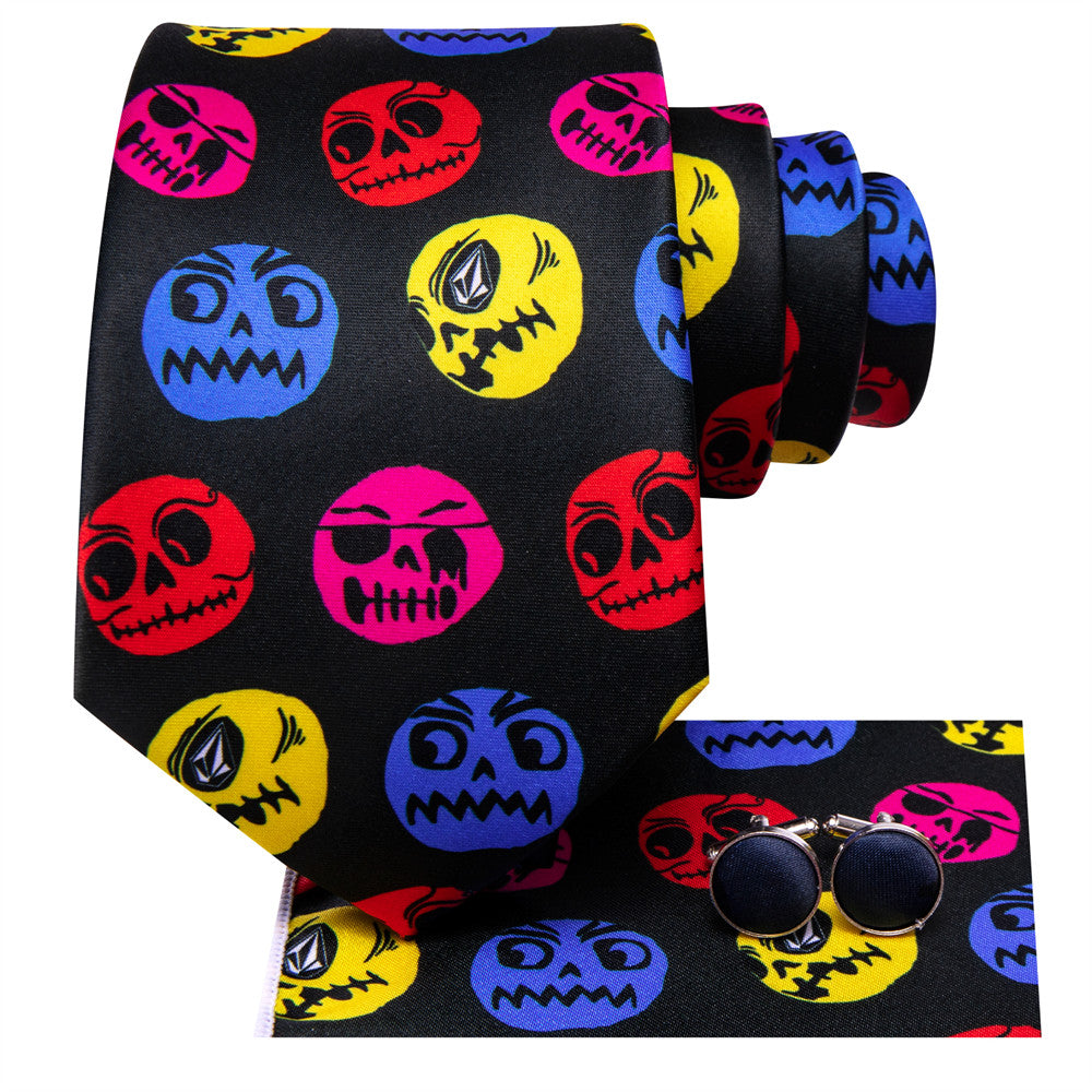 Black Halloween Necktie with Skull Design Silk Tie Set - GentCrest - View 3