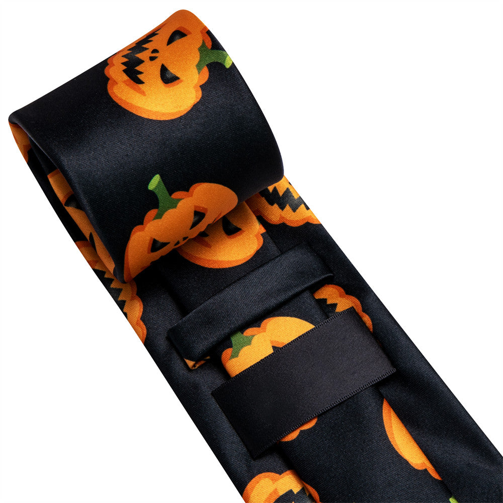 Black and Orange Halloween Necktie with Jack-O'-Lantern Design Silk Tie Set - GentCrest - View 4