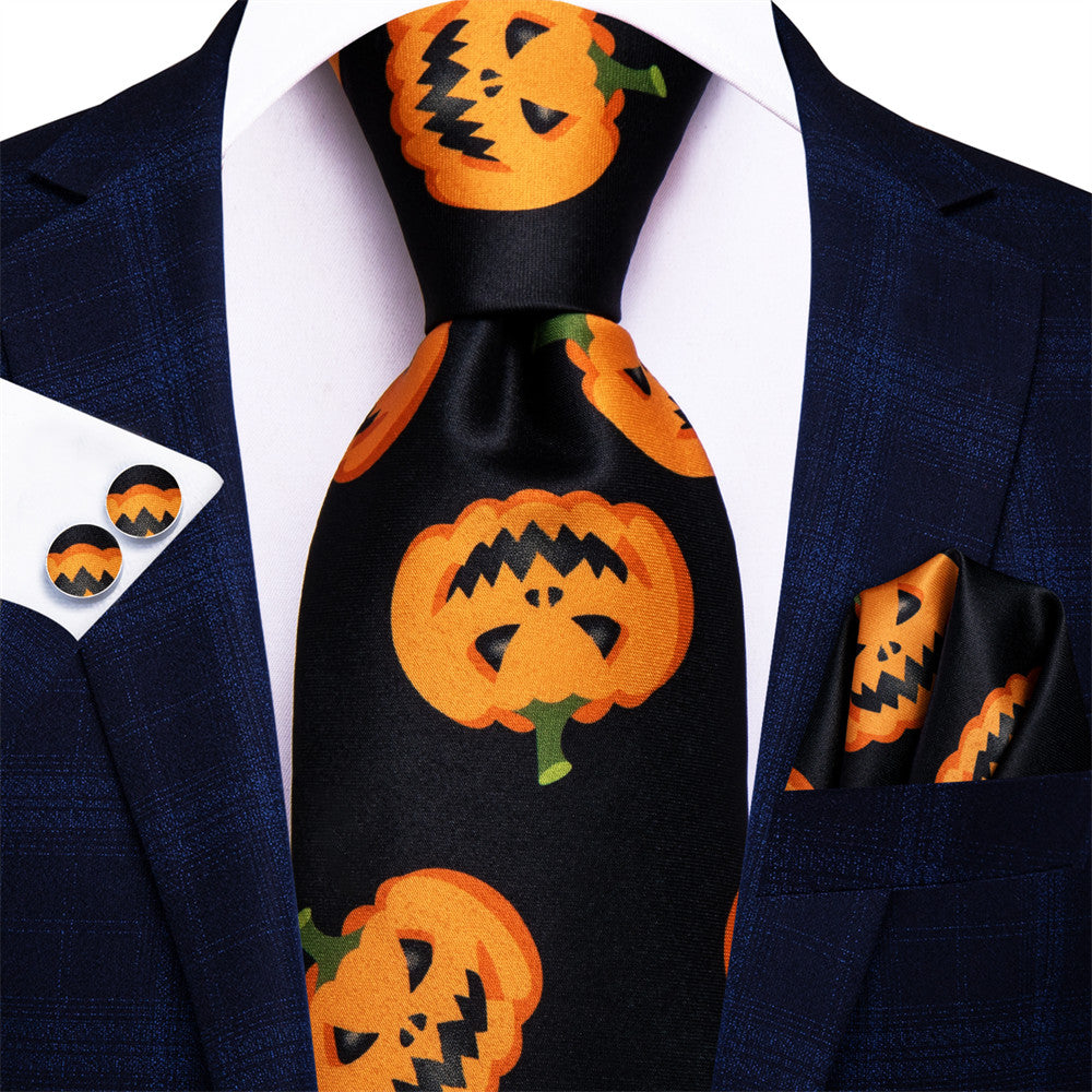 Black and Orange Halloween Necktie with Jack-O'-Lantern Design Silk Tie Set - GentCrest
