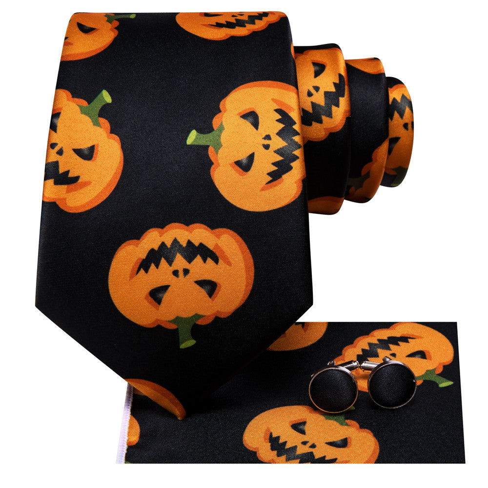 Black and Orange Halloween Necktie with Jack-O'-Lantern Design Silk Tie Set - GentCrest - View 2
