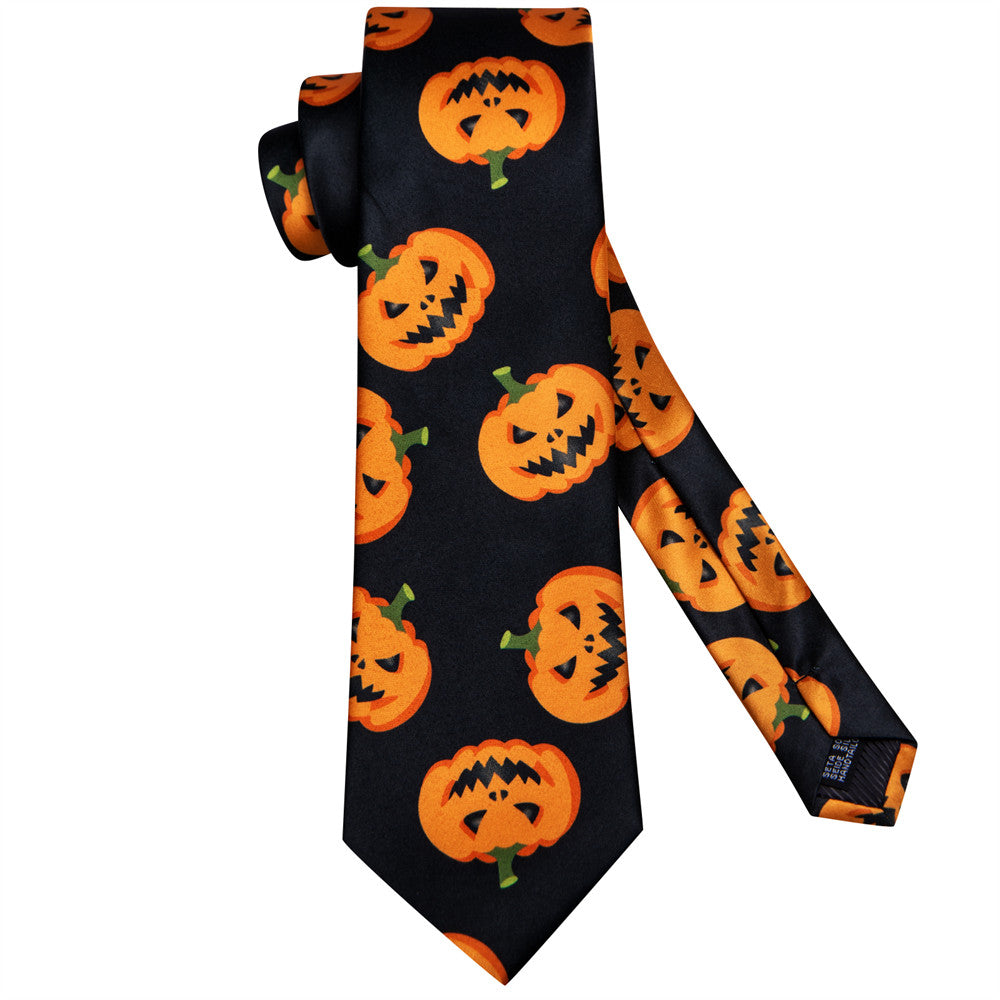 Black and Orange Halloween Necktie with Jack-O'-Lantern Design Silk Tie Set - GentCrest - View 3